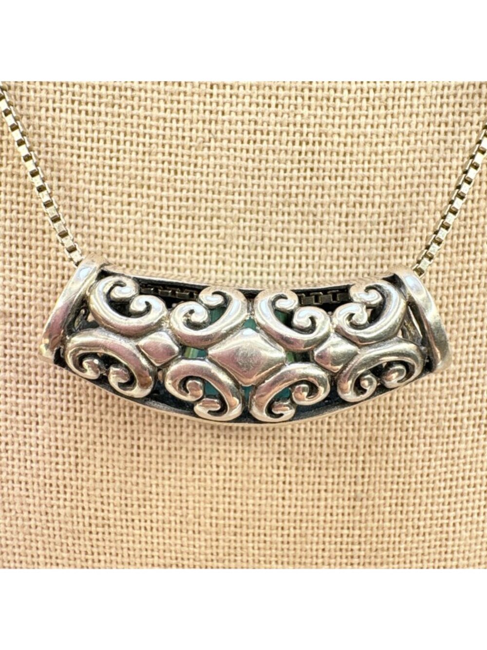 Turquoise & Sterling Silver 925 Scroll Slide Pendant Necklace Size 18" Length - Picture 5 of 13